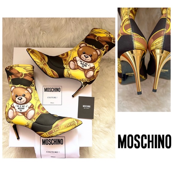 Moschino Shoes - New! MOSCHINO Logo Couture Teddy Chain Print Sock Ankle Booties